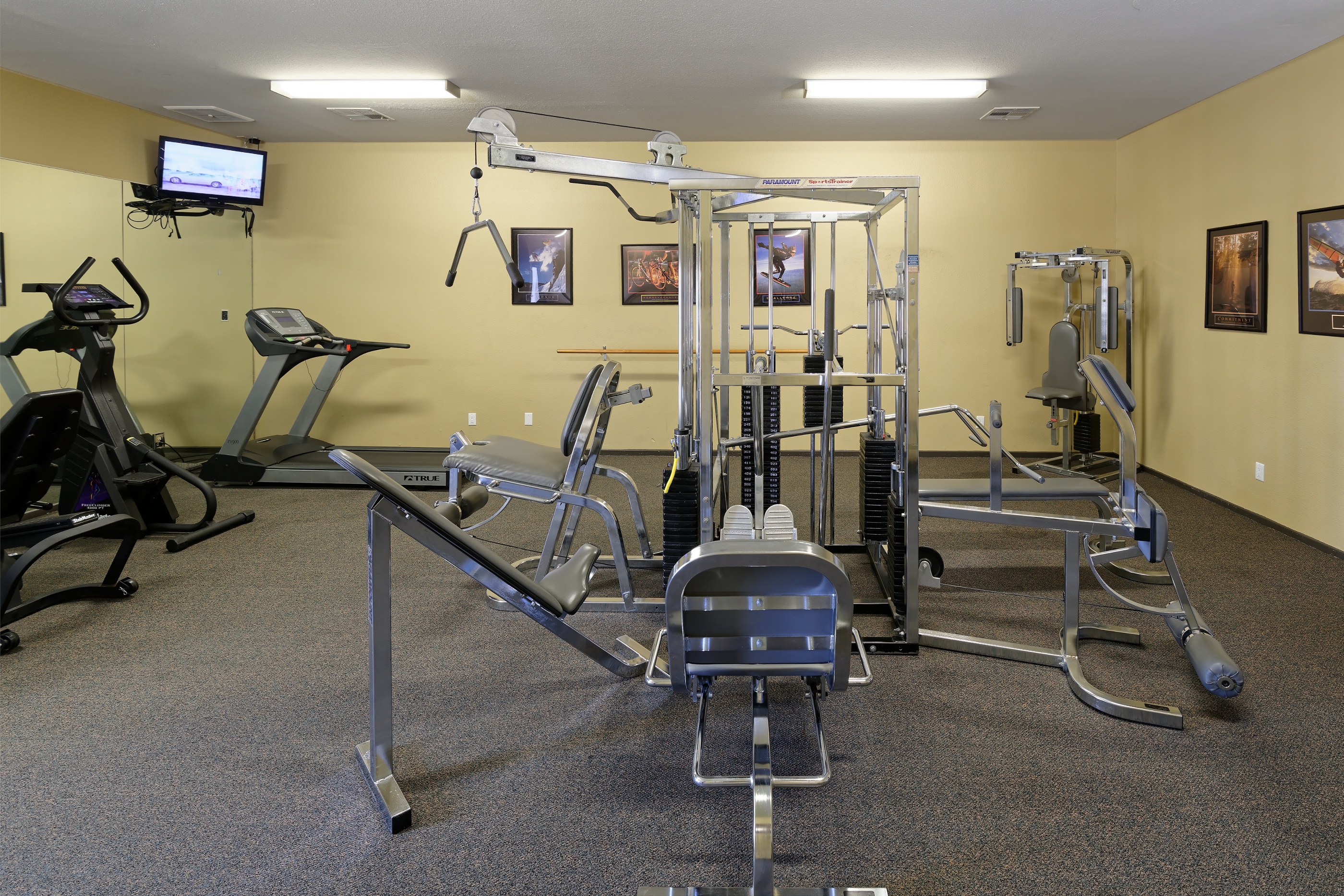 A gym with a treadmill, elliptical trainer and other exercise equipment.