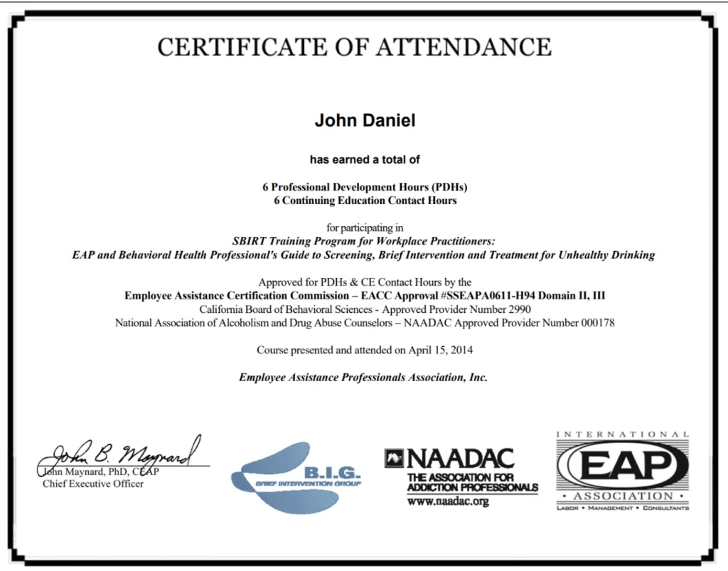 A certificate of attendance is presented to John Daniel for completing a training program. The certificate details the number of professional development hours earned and the name of the training program. It also lists the approving organizations and the date of attendance. Several logos and signatures are visible at the bottom.