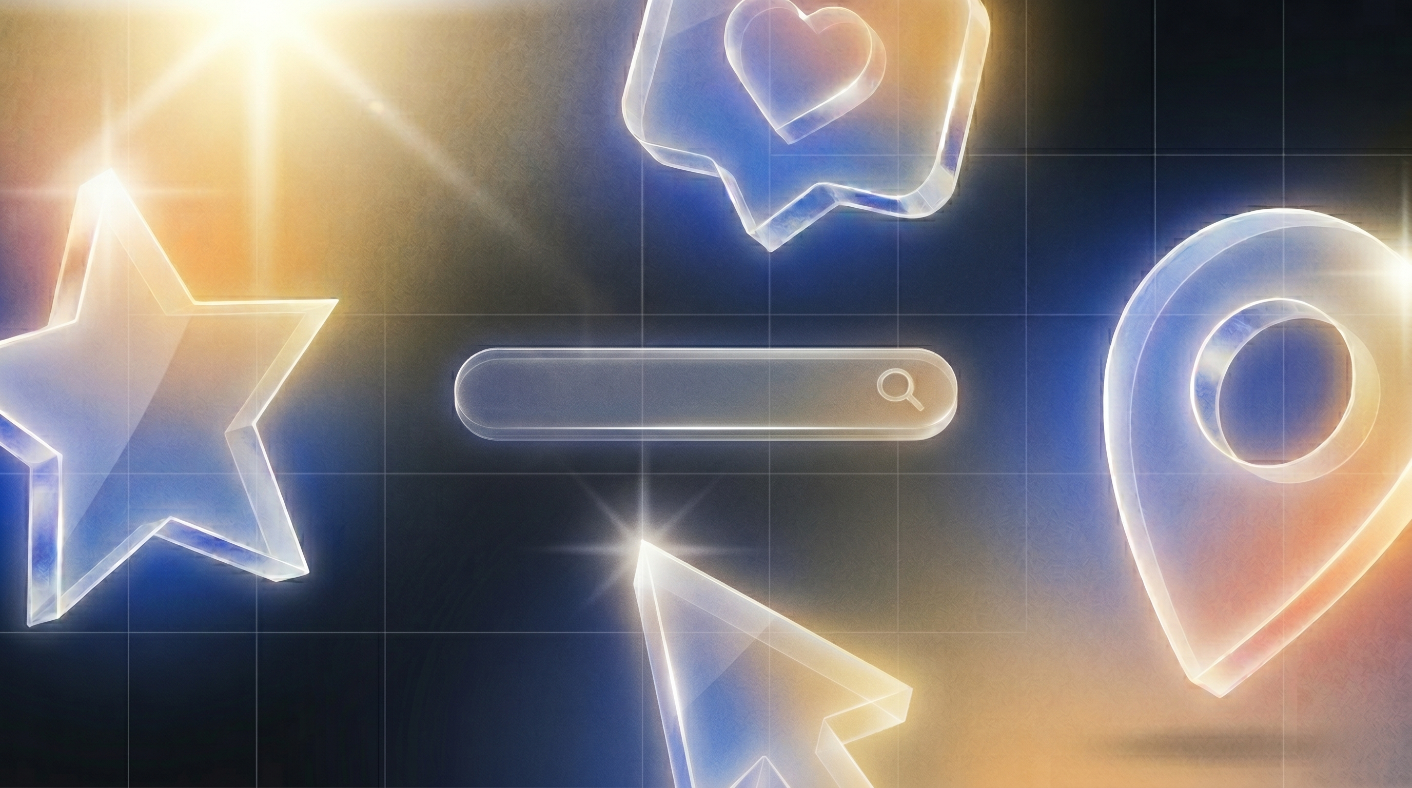 Glowing glass-effect icons — a star, search bar, cursor, heart chat bubble, and location pin — arranged on a dark blue grid background with warm amber light. Representing consumer AI search trust and decision-making stats.