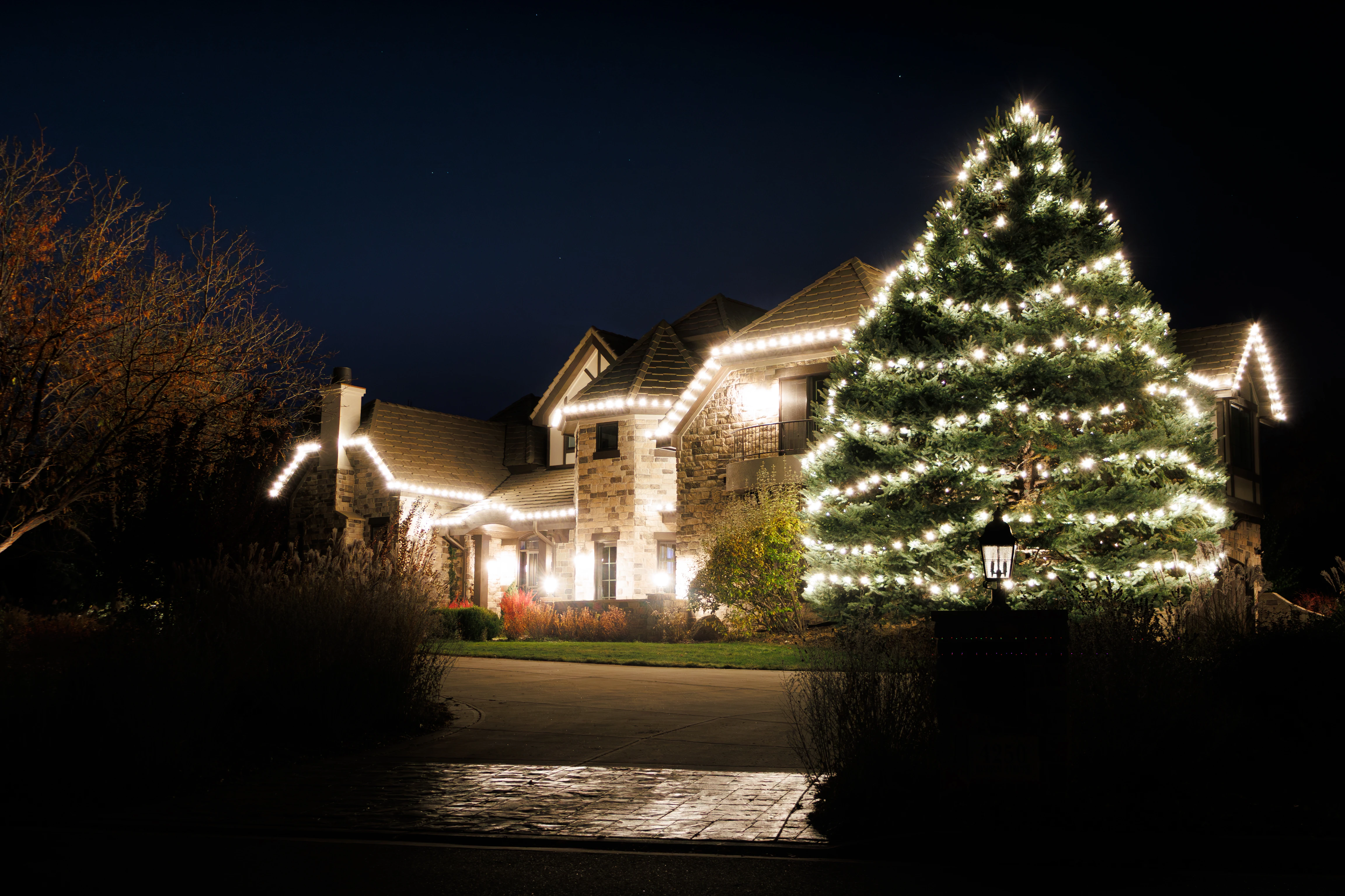 Roofline lighting on the eaves and gables, with a spruce wrapped in warm white. Landscape uplighting 