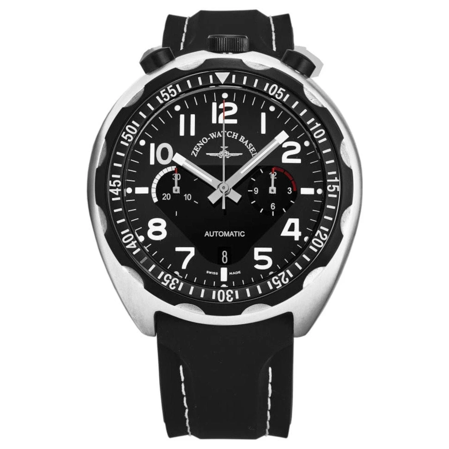 A close-up studio shot of a black and silver Zeno-Watch Basel automatic chronograph watch with a black dial and white stitching on the black rubber strap. The watch features prominent Arabic numerals for hours 2, 4, 5, 7, 8, and 10, with smaller markers for other hours. There are two sub-dials, one at 9 o'clock showing seconds and another at 3 o'clock showing elapsed minutes, with a small red indicator. The watch has a tachymeter scale on the bezel with numbers like 1051, 1101, 1151, 1201, 1251, 1301, 1351, 1401, 1451, 1501, and 1551. The watch is displayed against a plain white background.