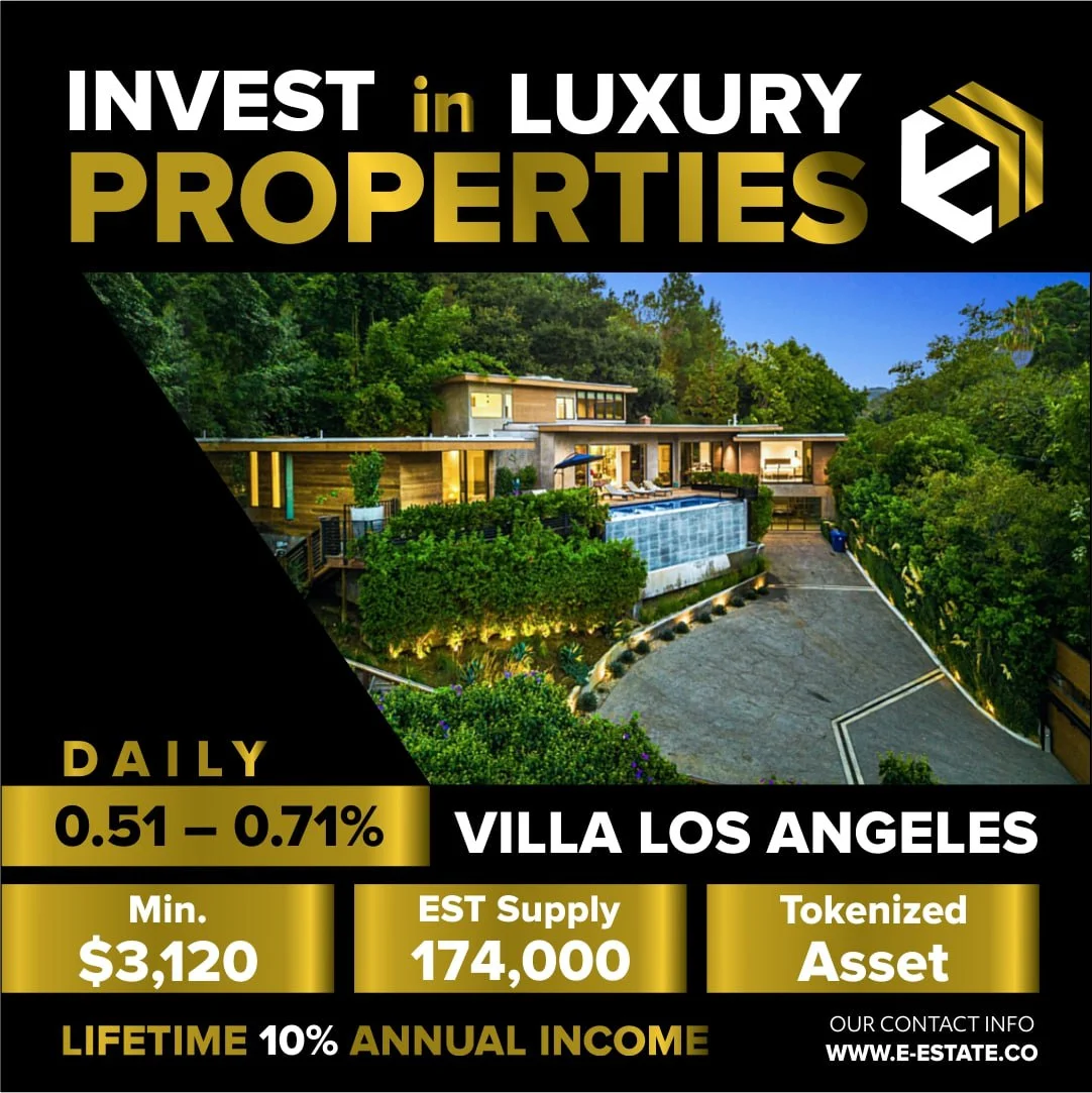 A real estate advertisement showcasing a luxurious modern villa in Los Angeles with a swimming pool. 