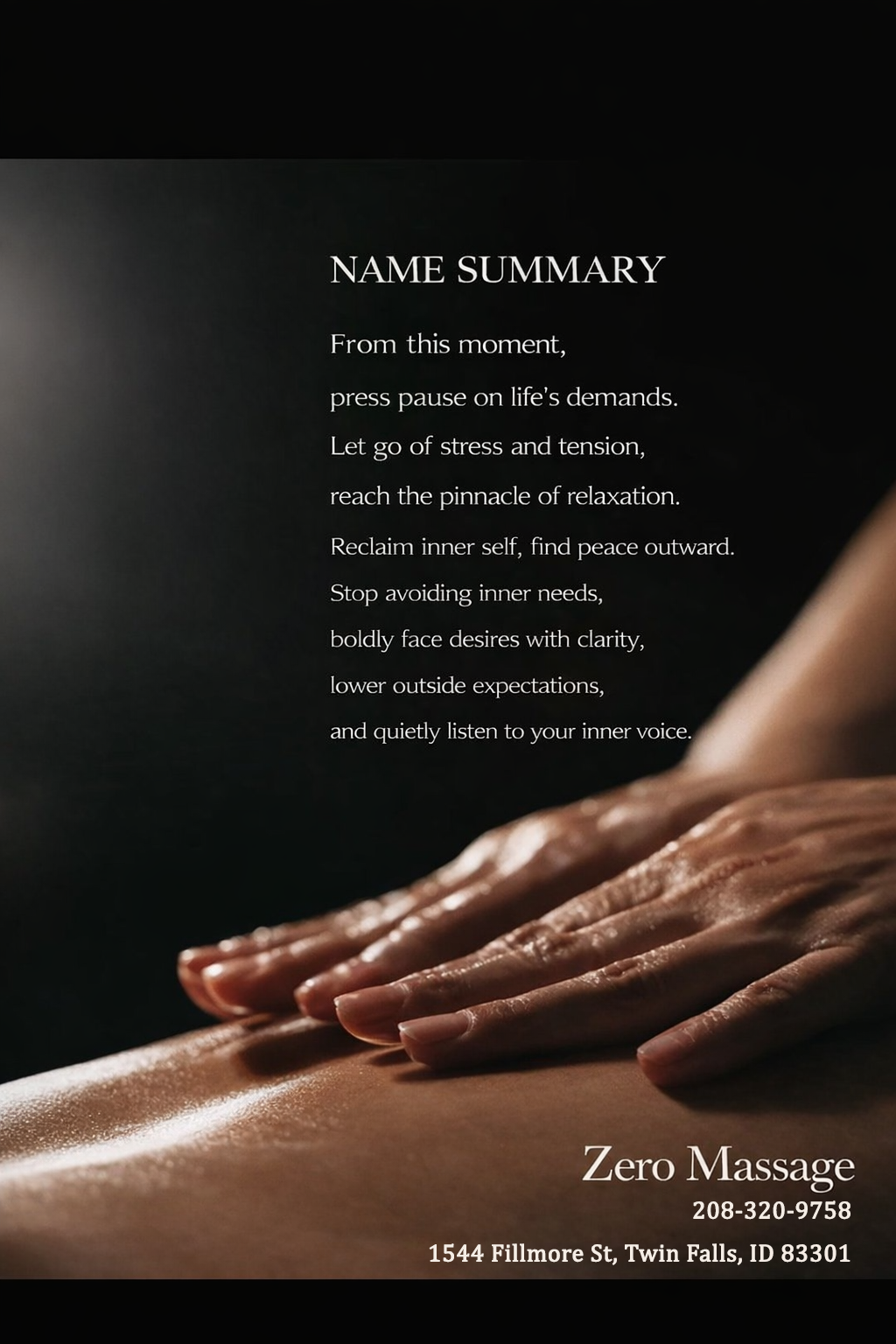 A traditional Swedish massage utilizing a system of techniques specially created to relax muscles by
applying pressure to increase oxygen flow through the body and release harmful toxins.