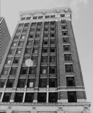 Exterior View of Surety Hotel in black and white.