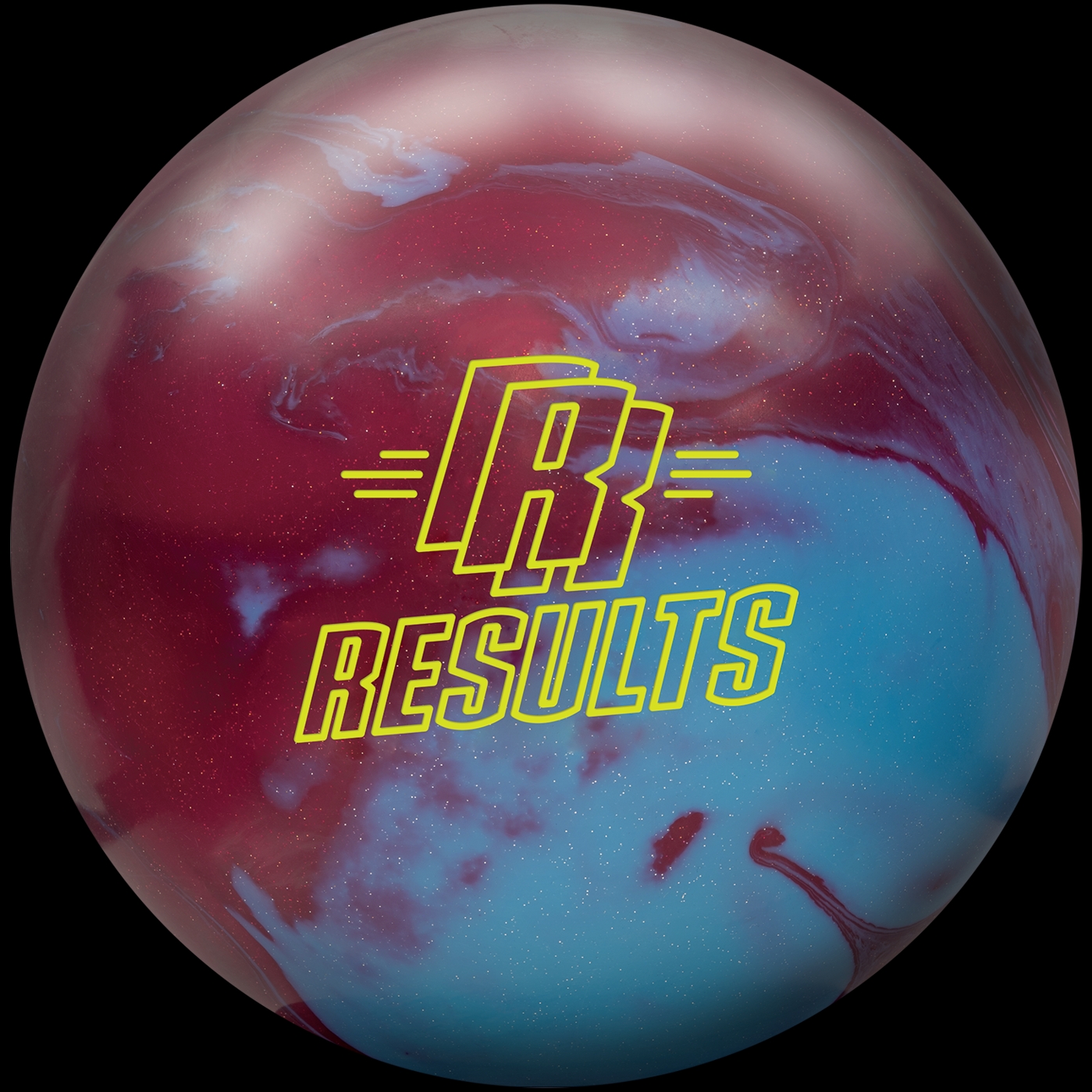 A close-up studio shot of a bowling ball with a marbled pattern of deep red and bright blue colors, with swirling white accents. A bright yellow graphic design, featuring the letter 'R' and the word 'RESULTS', is emblazoned on the surface of the ball. The ball has a glossy finish and is set against a stark black background, emphasizing its design and colors.