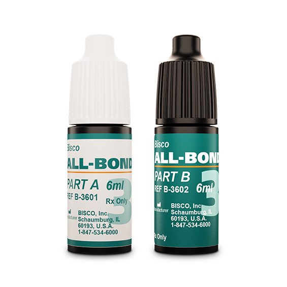 All-Bond 3 micro-mechanically bonds to substrates and is compatible with light-, dual- and self-cured materials. The All-Bond 3 system offers increased hydrophobicity for a long-lasting adhesive bond**. The HEMA-free, radiopaque All-Bond 3 Resin reduces the chance of misdiagnosing caries.