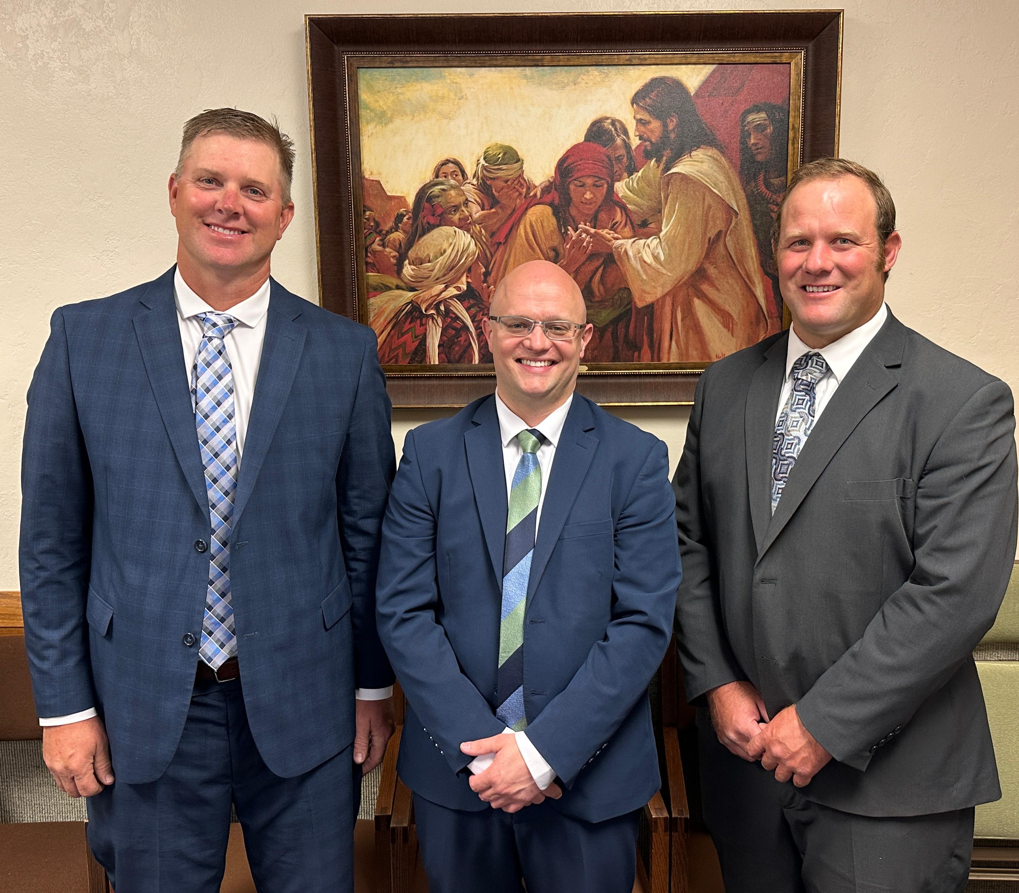 Grace First Ward Bishopric. 

Left: Nick Johnson, First Counselor

Middle: Drew Wright, Bishop

Right: Travis Krebs, Second Counselor

The bishopric leads the congregation in all spiritual and administrative matters. Please feel welcome to say hi and introduce yourself when you come!

For questions on meeting times for each congregation, please call 208-417-1813.