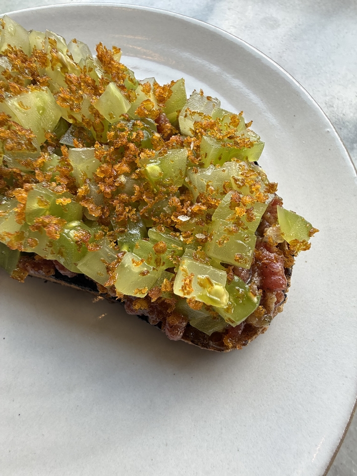 Beef tartare with green tomato, bottarga, and sourdough, currently on Folk's menu in East Nashville. 