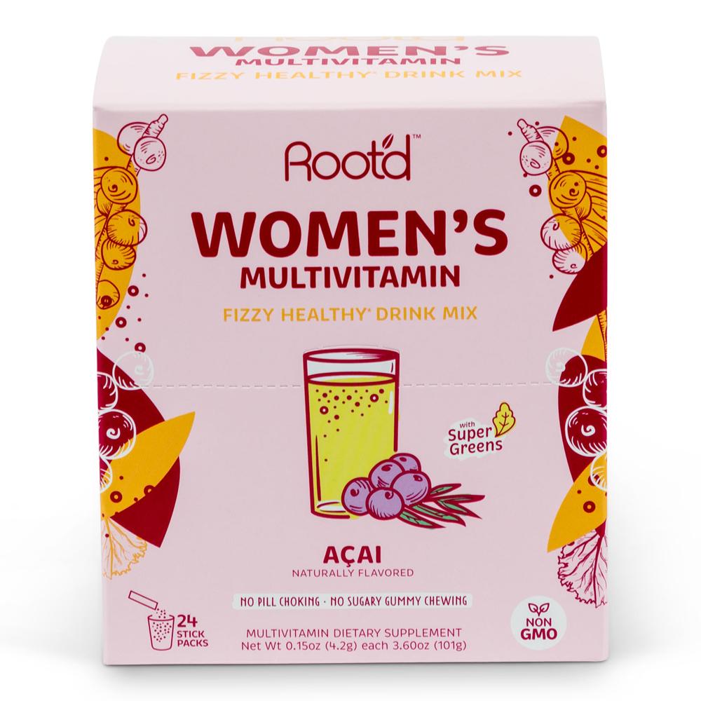Display box for Rootd women's multivitamin drink mix. Custom packaging by PLC Print.
