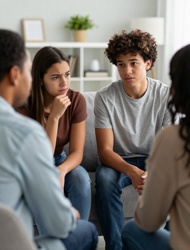 Four people, two young adults and two adults, are sitting on a sofa in a bright room and appear to be engaged in a serious conversation or therapy session. The young woman on the left is looking intently at someone outside the frame, her hand on her chin. The young man on the right is looking forward with a concerned expression. The two adults are only partially visible, one in a light blue shirt on the left and another in a light brown cardigan on the right.