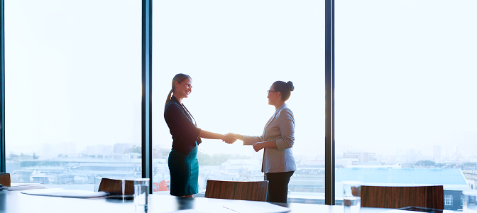 People shaking hands in an office.