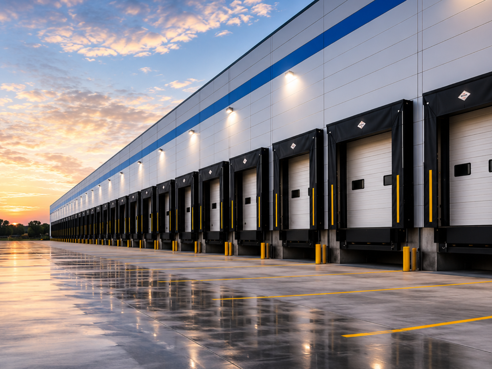 A row of commercial dock doors and loading equipment at a distribution facility.