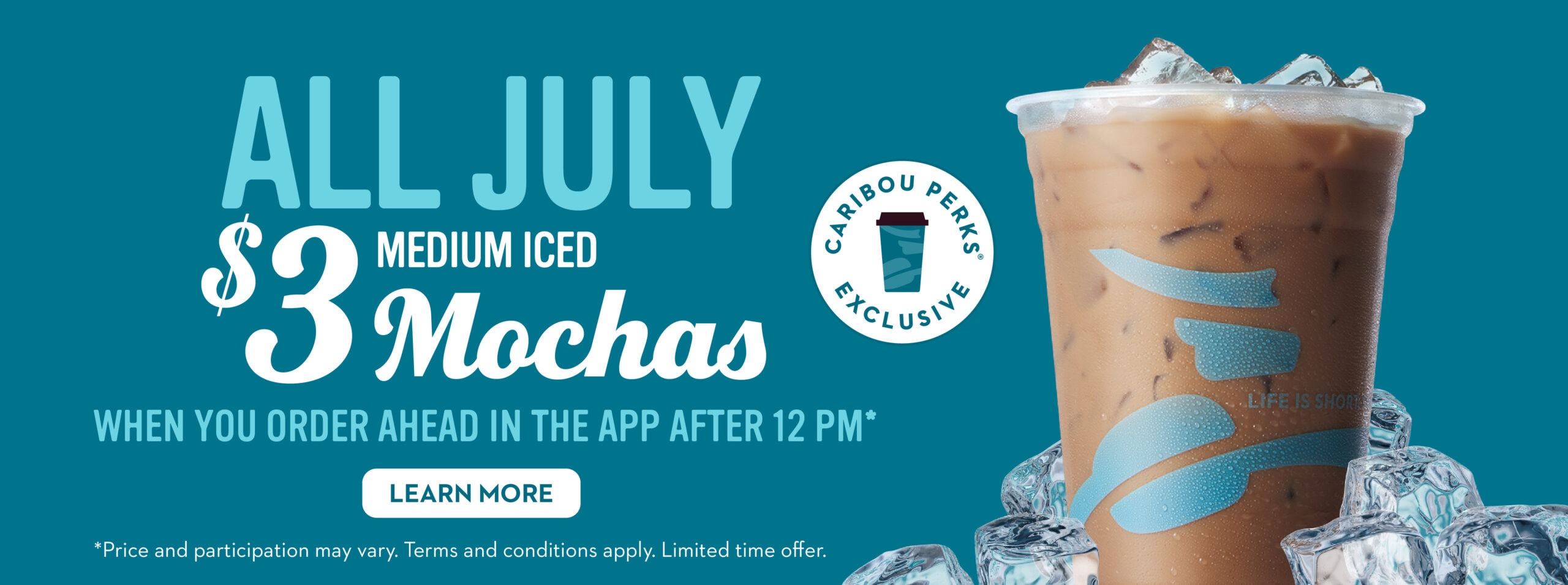 All July enjoy $3 medium Iced Mochas when you order ahead in the app after 12PM