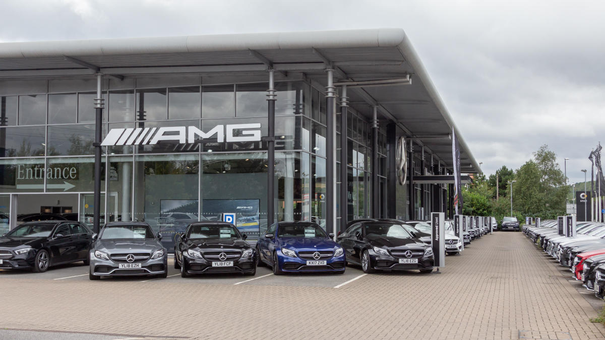 Outside the front of the Mercedes-Benz Leeds dealership Mercedes-Benz of Leeds Leeds 01132 015200