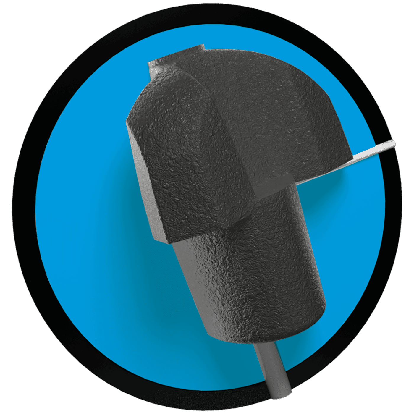A dark gray textured object with a gray cylindrical base is shown against a bright blue circular background outlined in black. The object appears to be a component of a larger item, possibly a mechanical part or a piece of equipment. The textured surface suggests it is made of a durable material like plastic or rubber. The overall composition is abstract and graphic, with a focus on the shape and texture of the object.