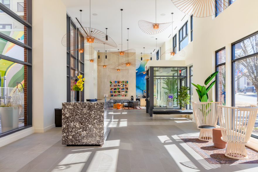 An eye-catching lobby entryway featuring statement art pieces.