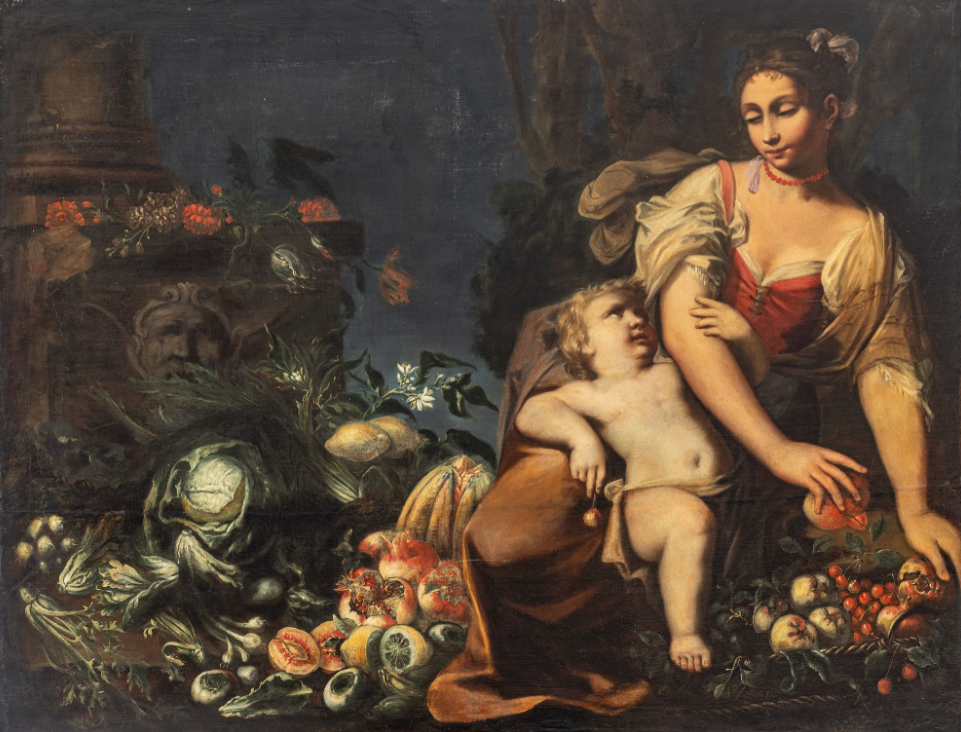 Italian Baroque Oil on Canvas of a woman and a baby surrounded alongside fruit and vegetables
