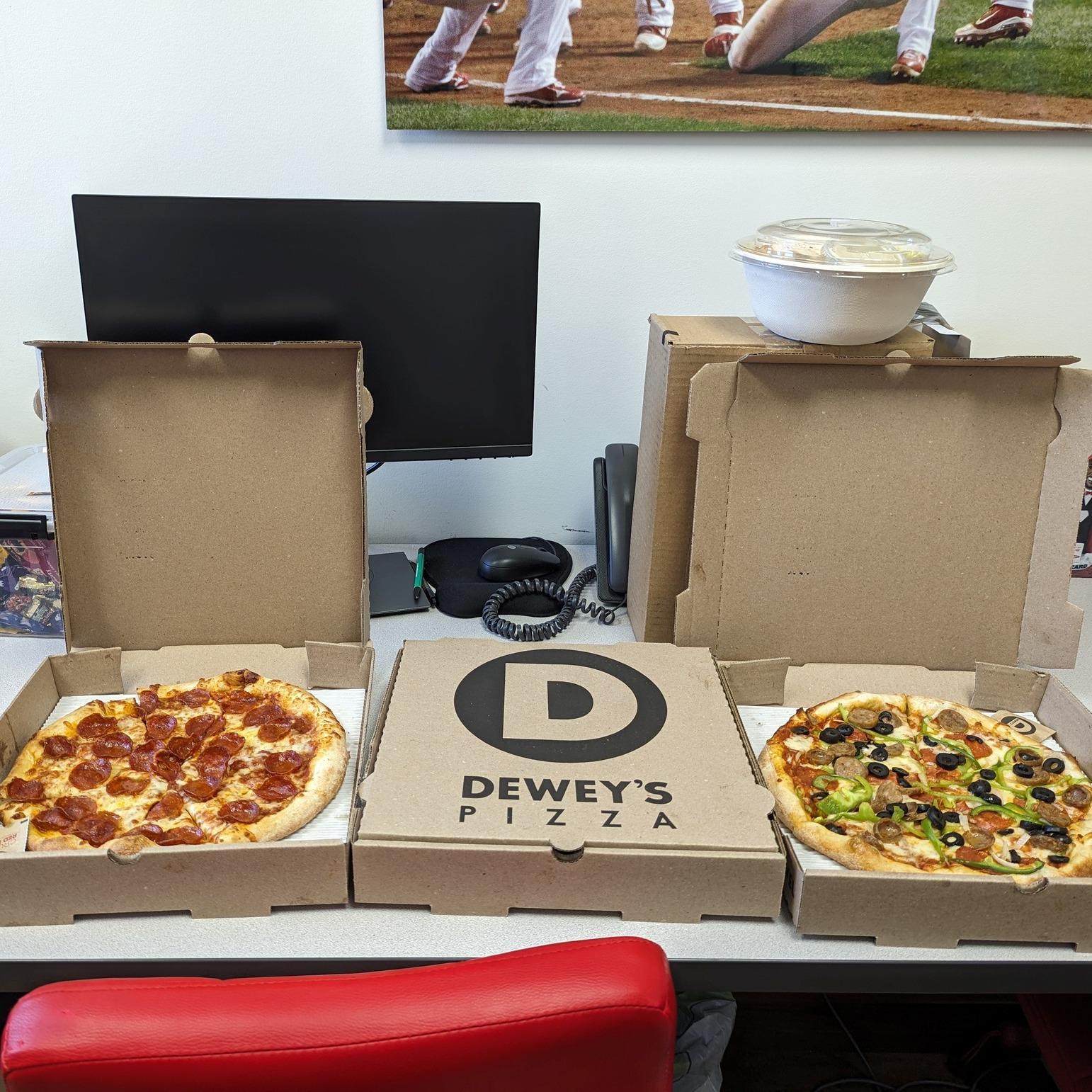 It's National Pizza Day!  We celebrated with @deweyspizza . Even Barbara who can't eat tomato can find something. One of our favs.