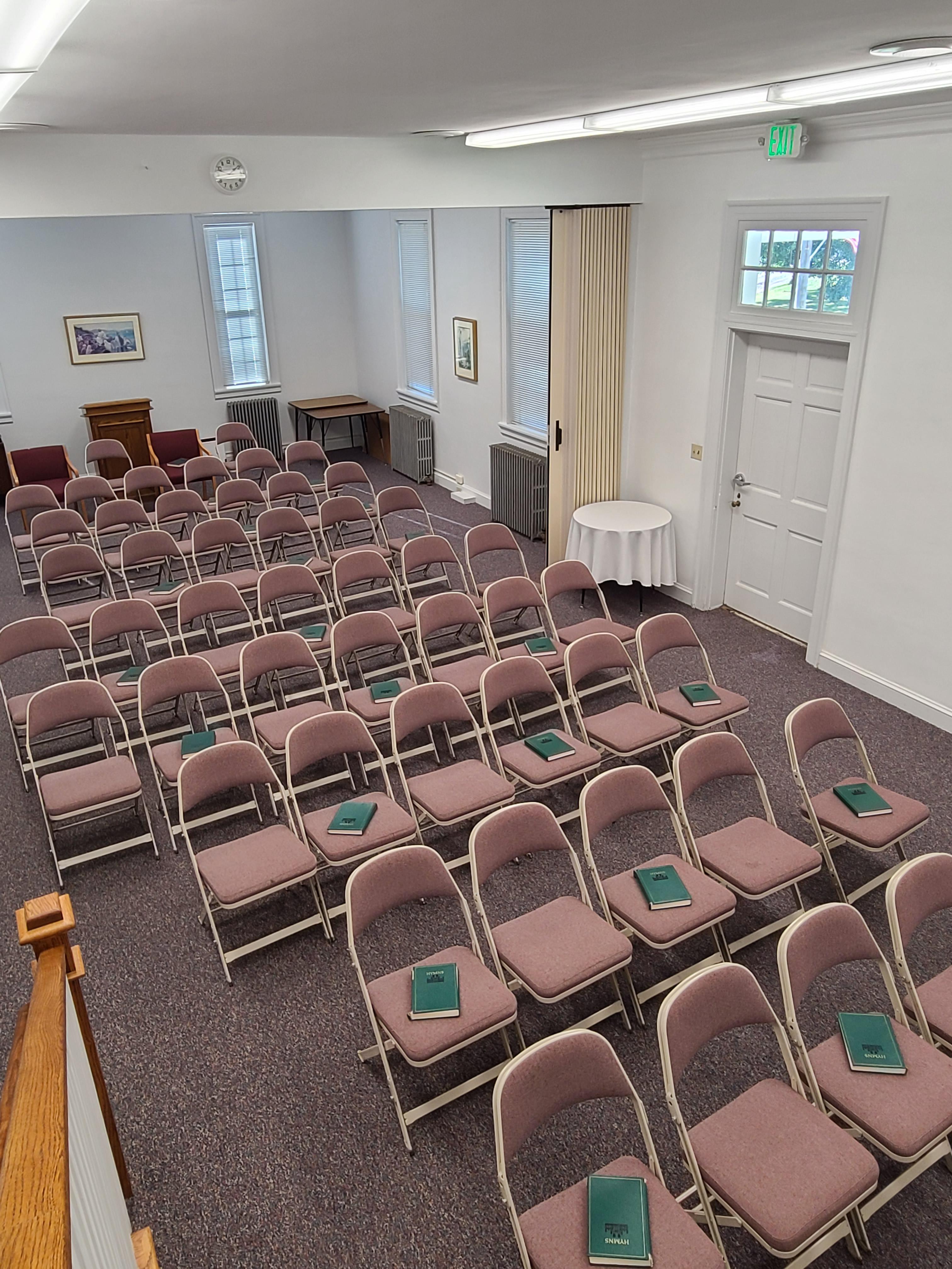 Space is set up for a classroom at the back of the chapel.  A folding divider can be closed to utilize both rooms at the same time.
