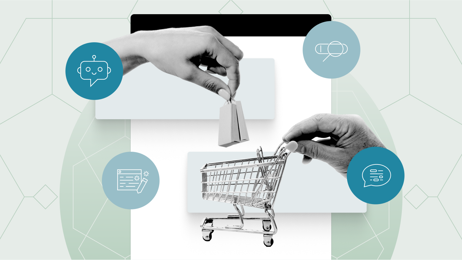 Hands dropping items in a digital shopping cart.