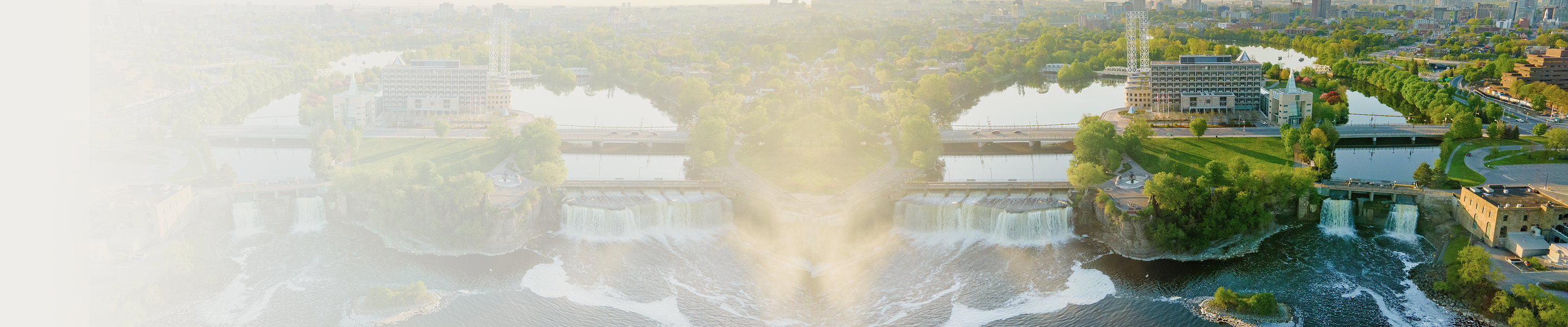 An aerial view of Rideau Falls in Ottawa at sunrise.