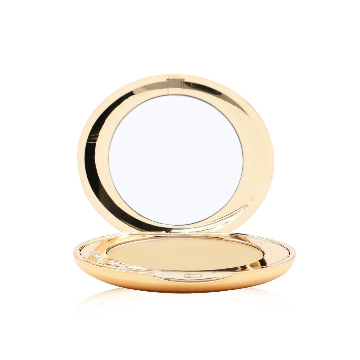 A gold compact mirror with a powder compact inside is shown against a white background. The compact is open, revealing a circular mirror and the pressed powder. The compact has a smooth, metallic gold finish and a thin black accent around the mirror.