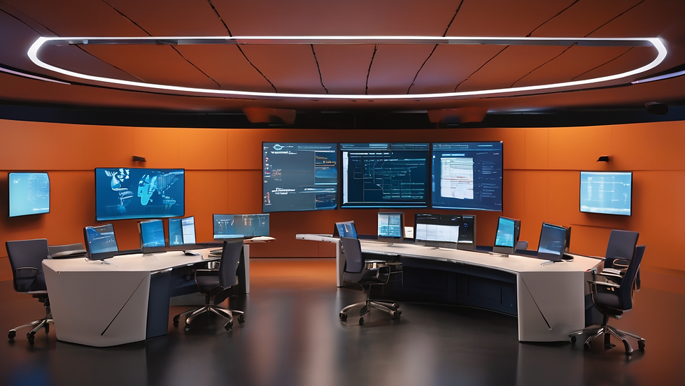 A modern control room with multiple large screens displaying data and graphics, arranged around a curved desk with computers and chairs. The room has orange walls and a futuristic ceiling with LED lighting.