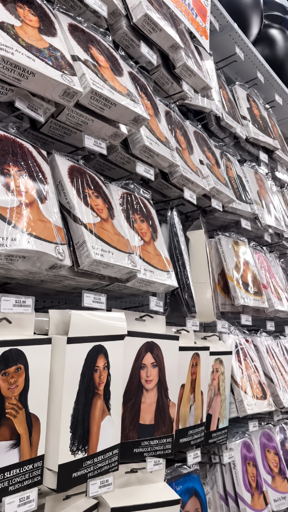 WIGS GALORE! Step into Partyworks for your costume needs from wigs, masks, makeup and much more! 