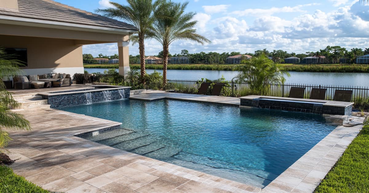 geometric shape pool with spa spillover, stone decking overlooking a lake