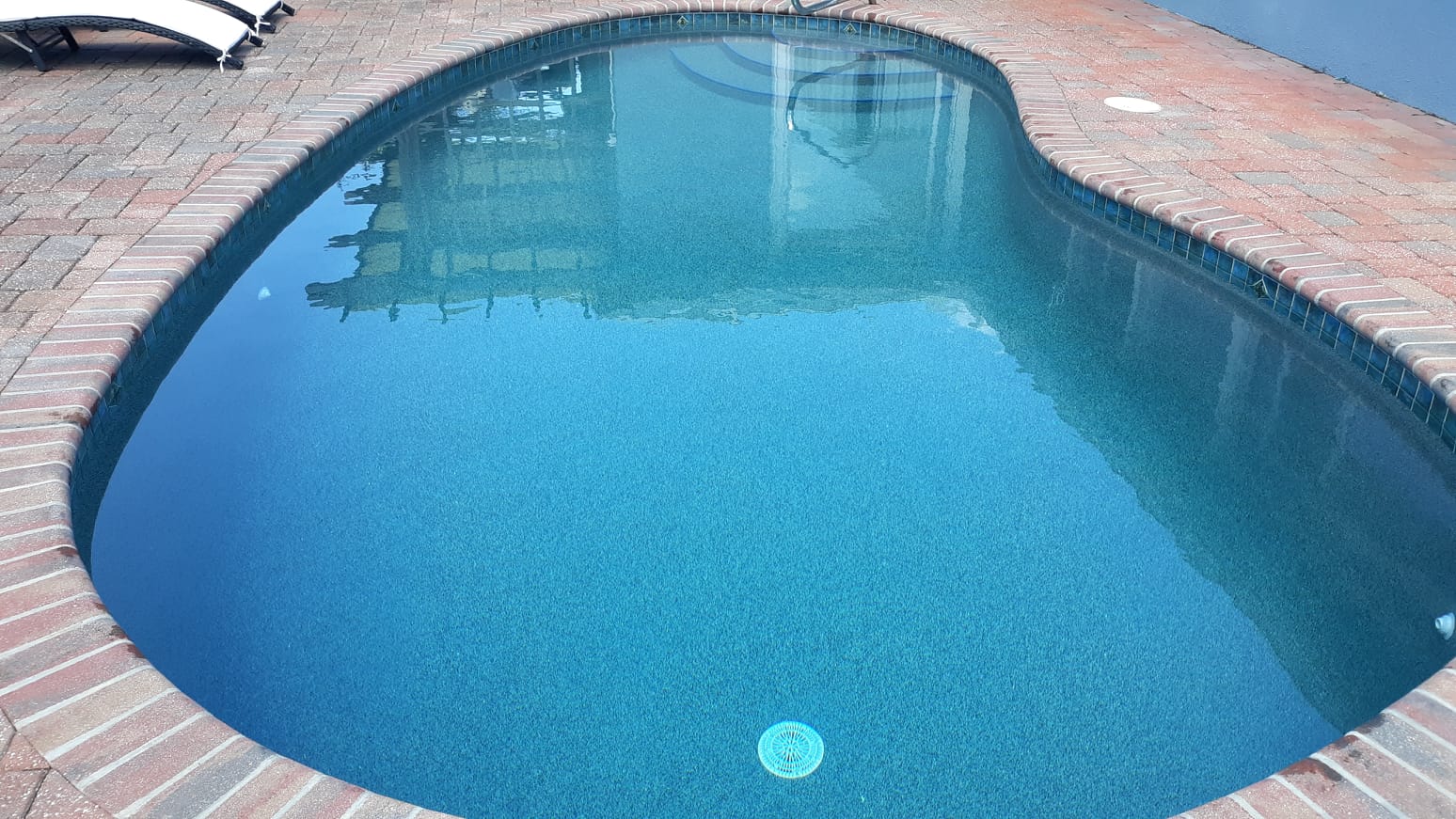 Freeform backyard swimming pool with deep blue water, curved edges, and brick paver decking.