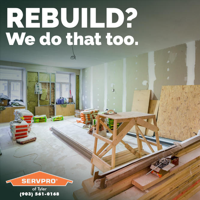 We are a Full Service Restoration Company! From mitigation to restoration to full rebuild, our team does it all. Let’s get your property “Like it never even happened” after a loss.  

SERVPRO of Tyler: (903) 561-0168