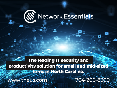 A digital advertisement for Network Essentials, a company offering IT security and productivity solutions for small and mid-sized firms in North Carolina. The image features a blue, glowing digital network background with icons representing connectivity, security, and data. Text overlaying the image provides the company name, a tagline, a website address, and a phone number.