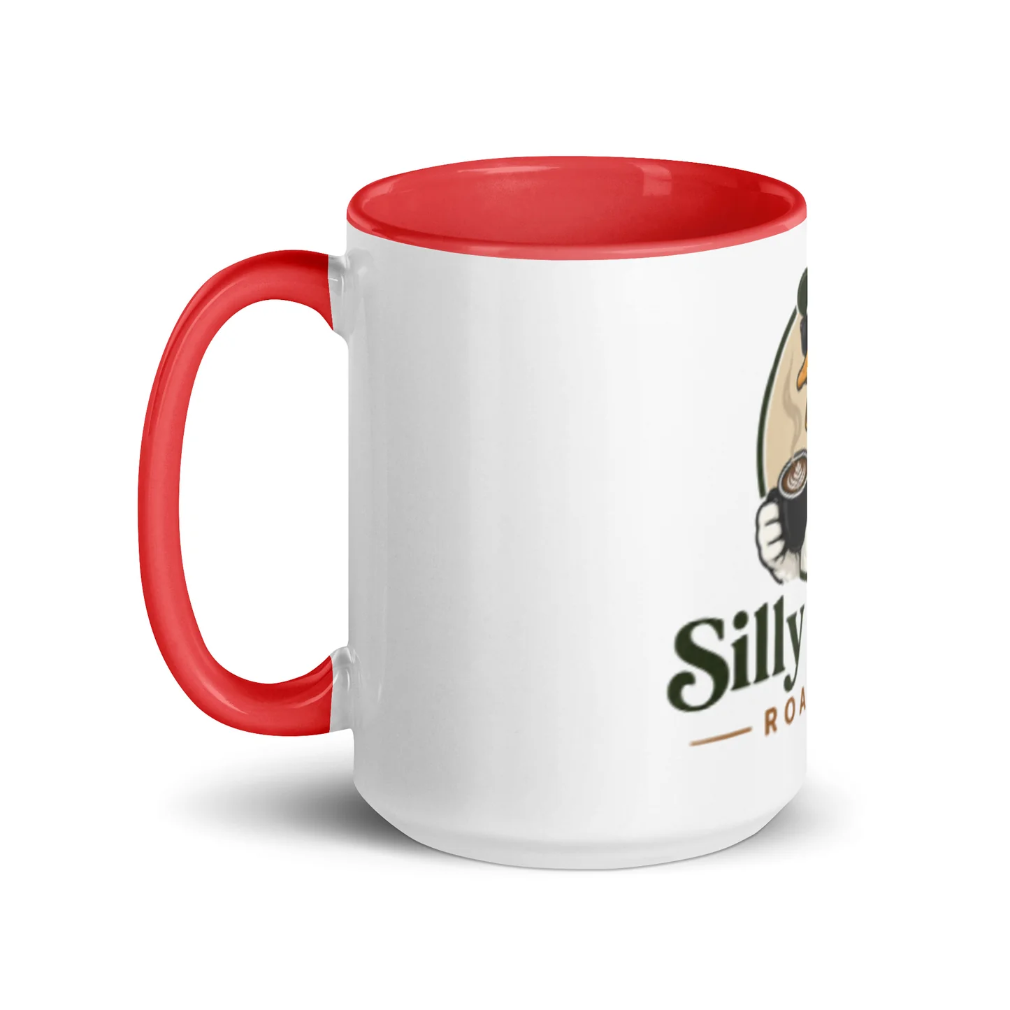 A white ceramic mug with a red interior and handle is shown. The mug features a cartoon illustration of a dog wearing a chef's hat, holding a coffee cup with latte art. Below the illustration, the text "Silly Road" is printed in green, with a thin horizontal line below it and "ROA" partially visible.