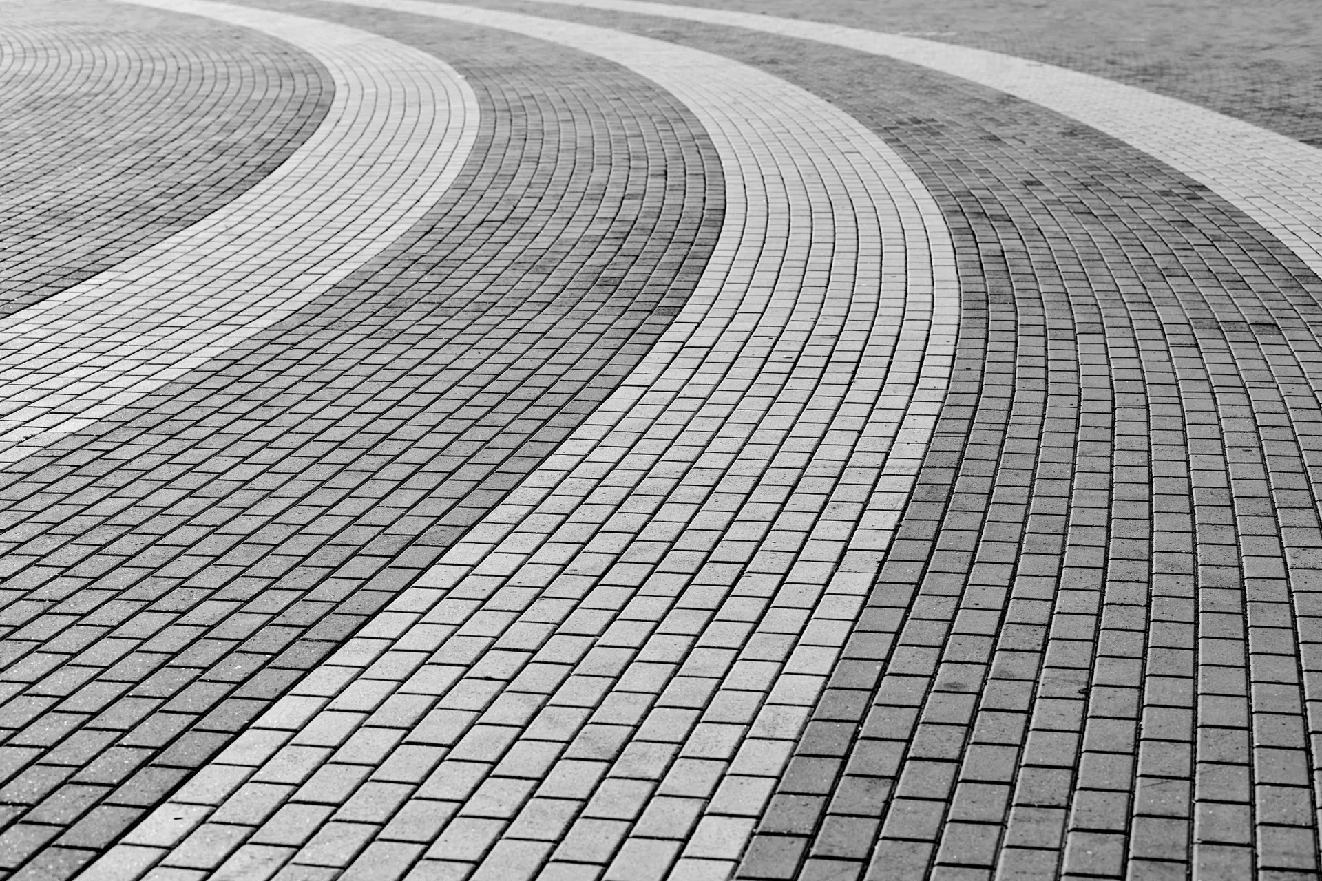 A black and white, low-angle shot of a paved walkway made of interlocking rectangular bricks. The walkway curves gently from the lower left to the upper right of the frame, with two distinct bands of contrasting brick color. The foreground features darker bricks, while a lighter band runs parallel to it, followed by another darker band. The texture of the bricks and the shadows they cast create a dynamic, almost optical illusion effect.