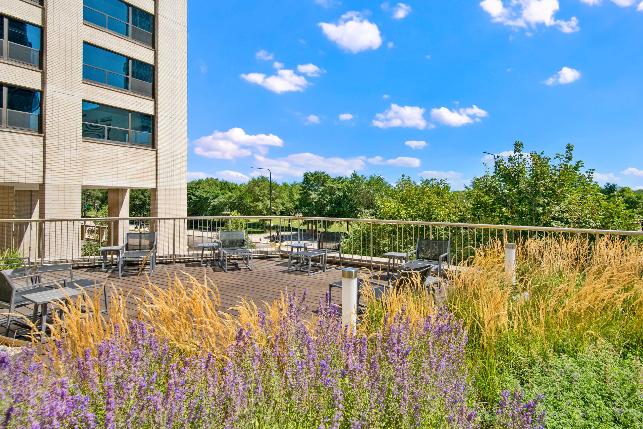 Rooftop terrace with flowering garden and seating 