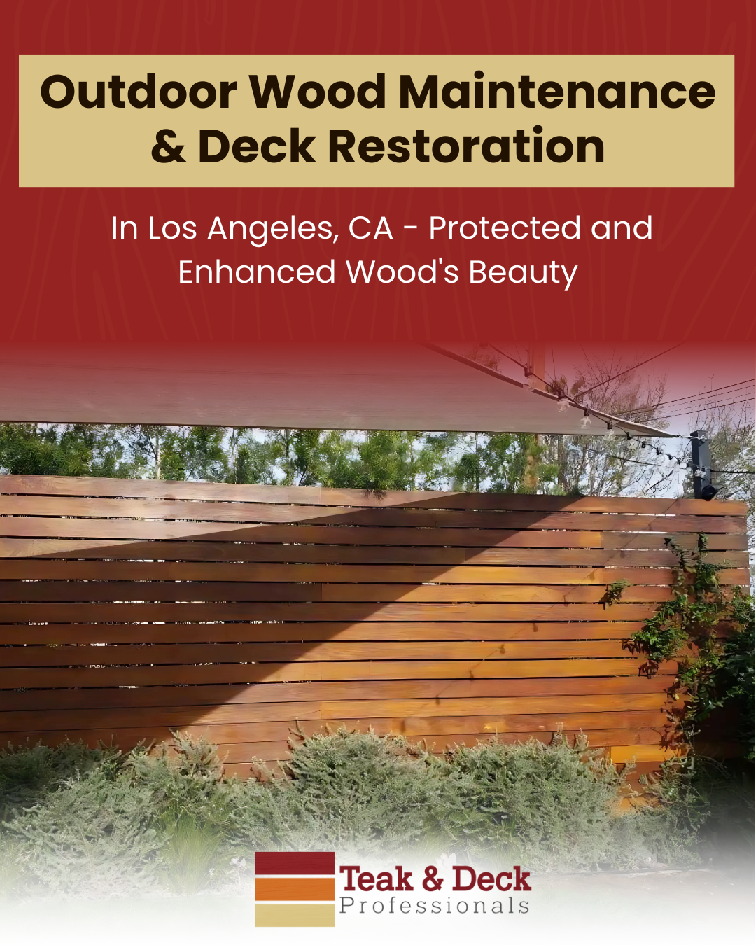 Wood deck restoration project showing a cleaned and protected outdoor deck surface, promoting outdoor wood maintenance and deck restoration services.