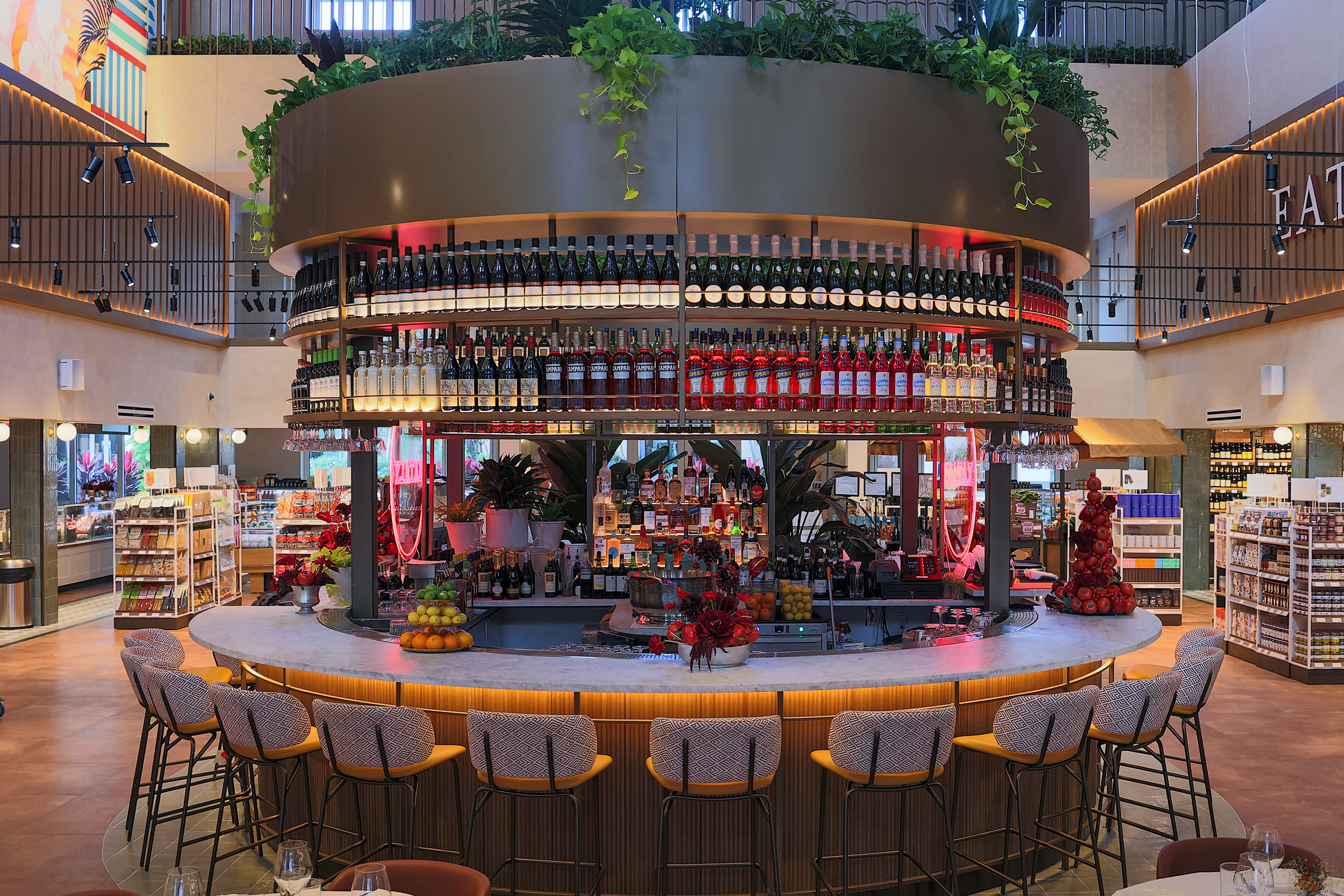 Vibrant bar showcasing Italian wines, spirits, and aperitivo culture. 