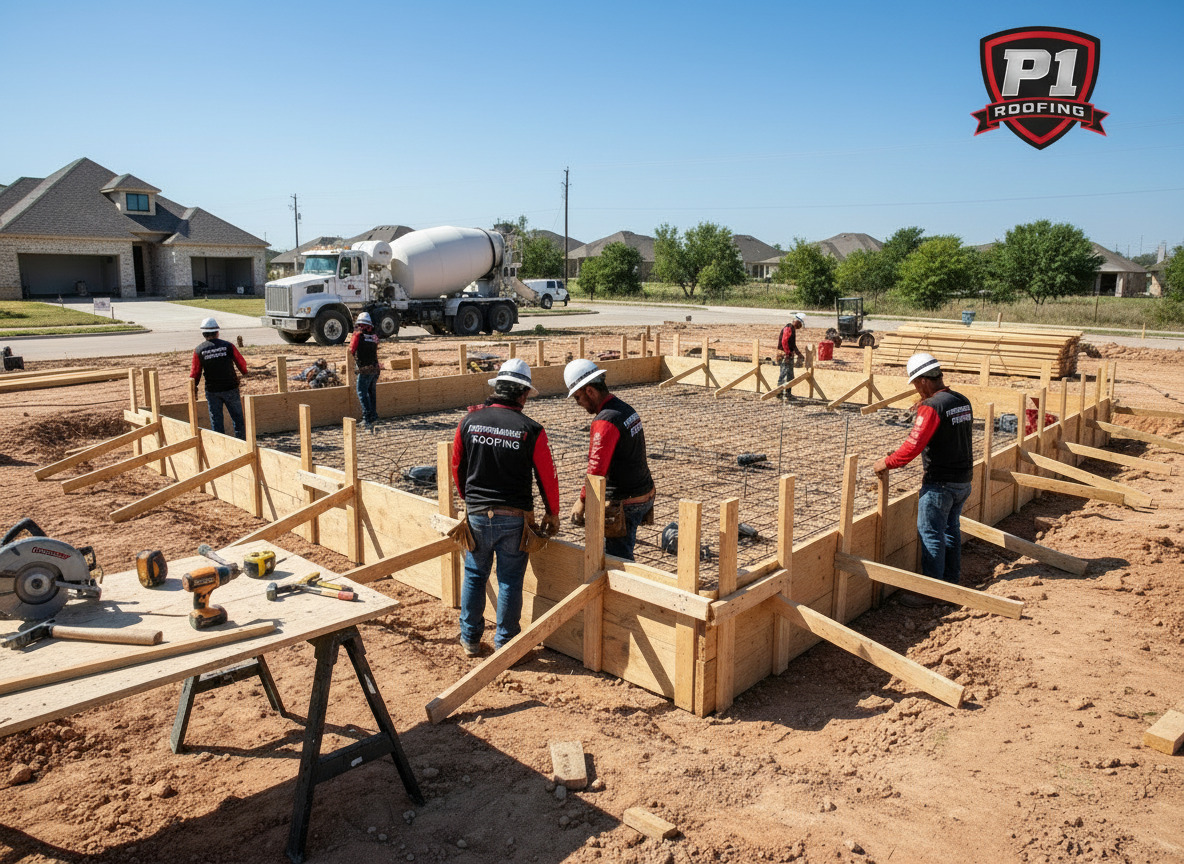 Construction crew prepares reinforced concrete foundation using wooden formwork, rebar, and heavy equipment on a residential building site before concrete placement, demonstrating precision, teamwork, and quality construction practices.