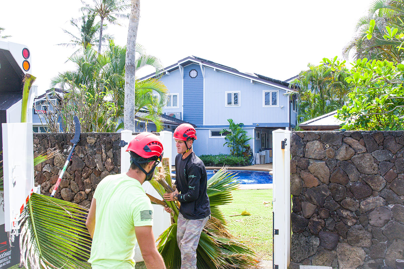 In Oahu, Hawaii, a tree service technician uses a crane to safely remove a large tree, ensuring minimal impact on the surrounding area.