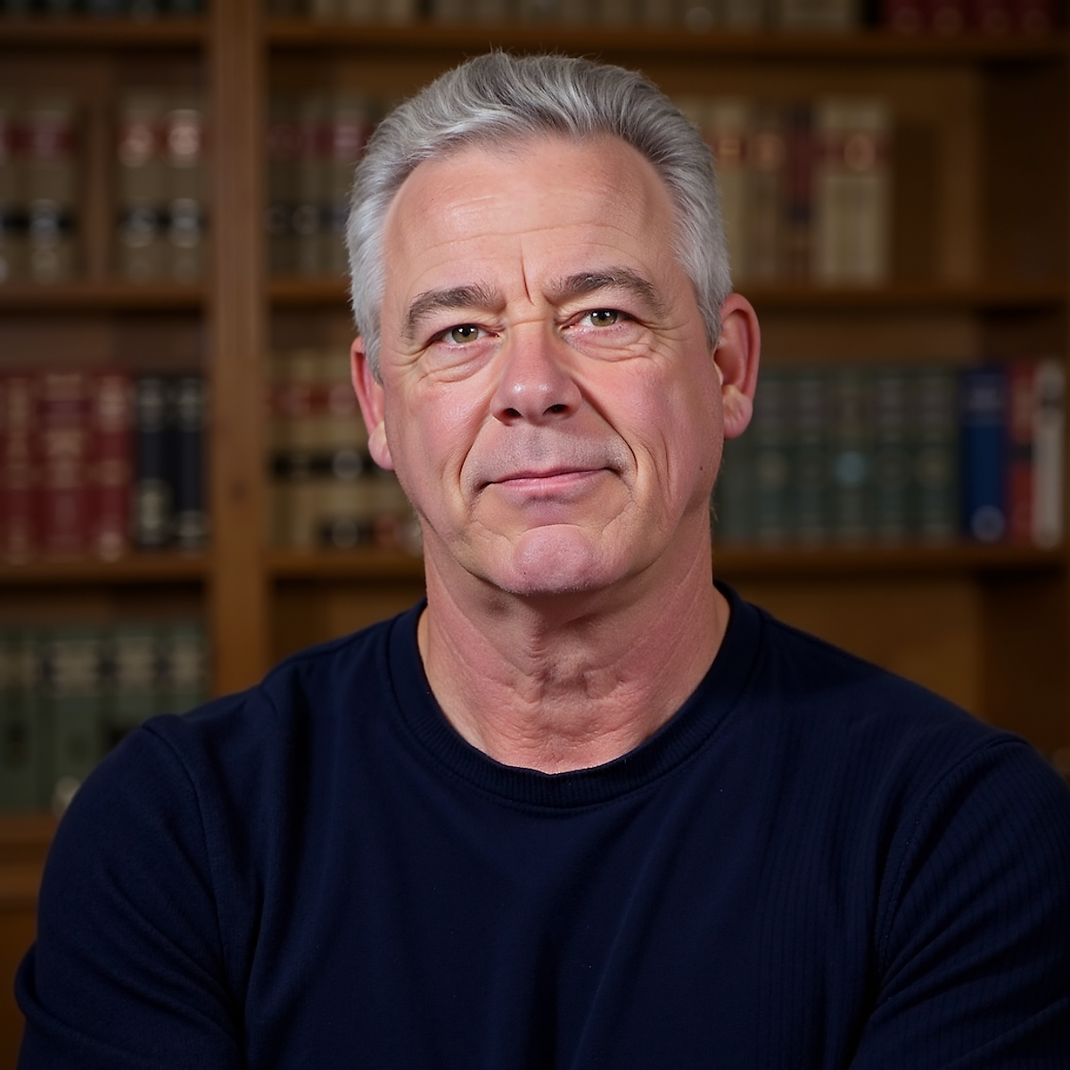 A close-up portrait of a middle-aged man with graying hair and a navy blue shirt, looking directly at the camera. He is positioned in front of a bookshelf filled with books, suggesting a professional or academic setting.