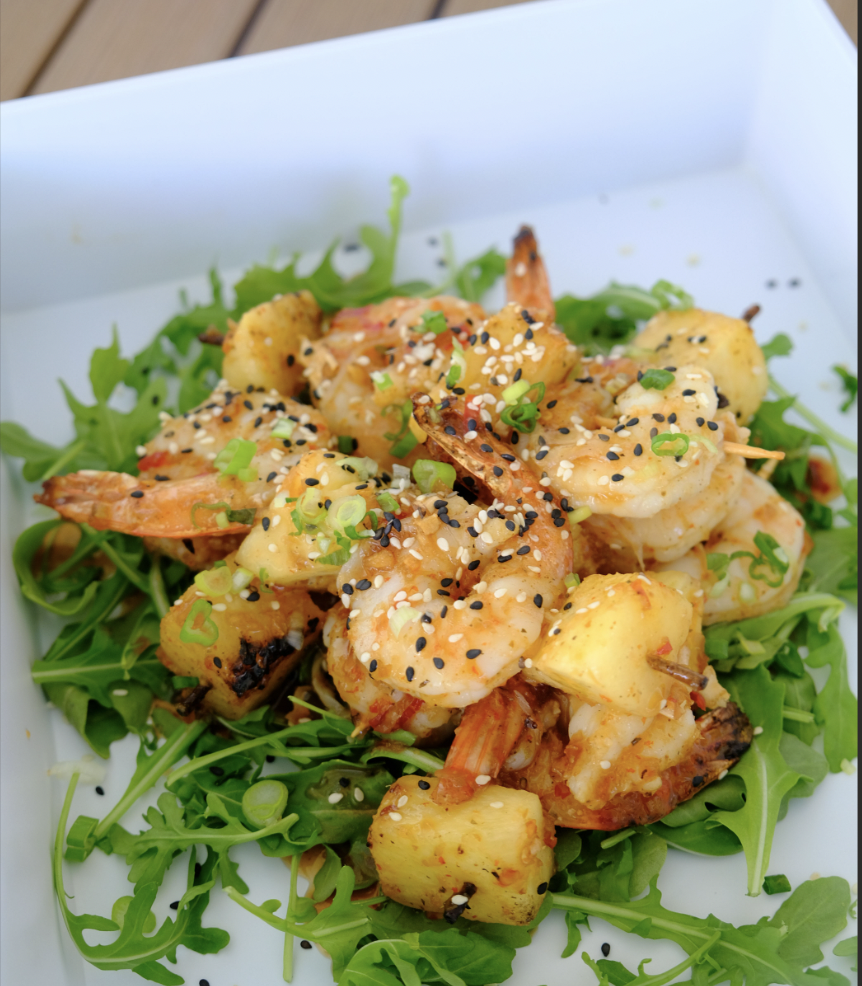 SHRIMP AND PINEAPPLE SKEWERS GF Sesame, Green Onion, Sweet Sticky Glaze