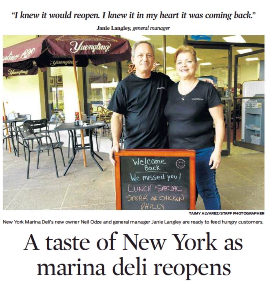 Article in the Sun Sentinel announcing the reopening of the New York Marina Deli