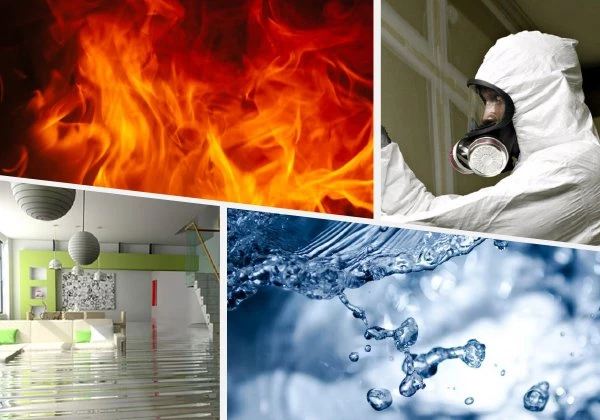 A collage representing four restoration scenarios: fire damage, a technician in protective gear, flooding in a modern home, and clean water droplets. The images symbolize the comprehensive range of restoration services offered.