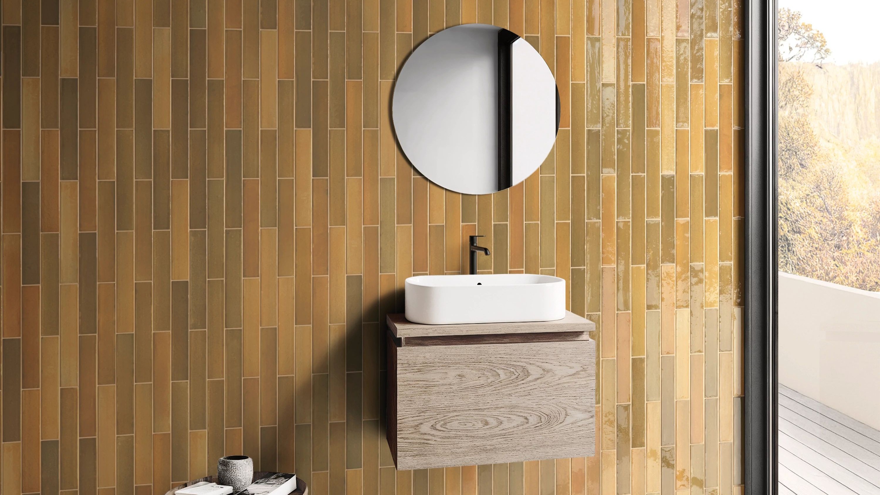 Isola Golden Glow is a glossy, warm yellow-orange 5×30 cm ceramic wall tile. 
