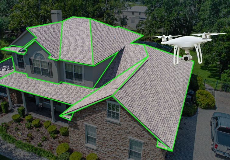 Aerial roof inspection and measurement documentation for a Central Maryland property, showing the ro 