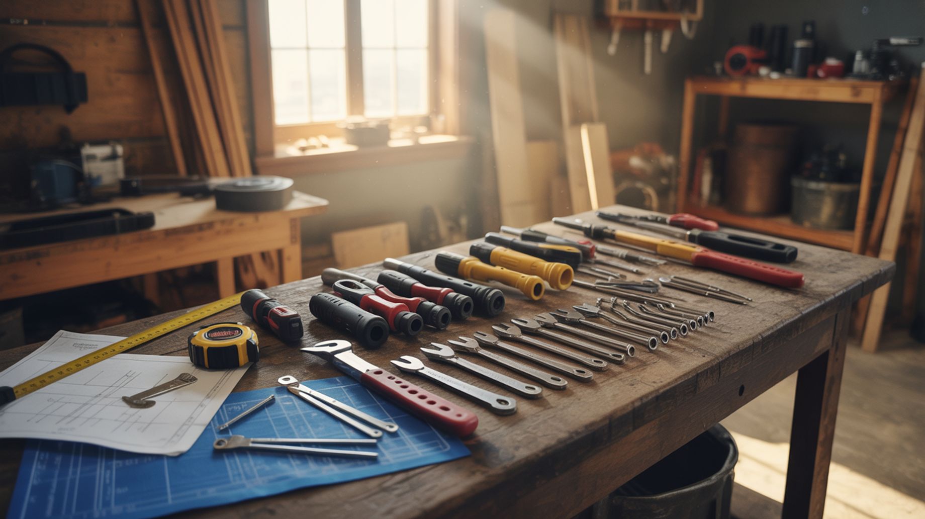 A collection of hand tools, including screwdrivers, wrenches, a tape measure, and blueprints, are ne 