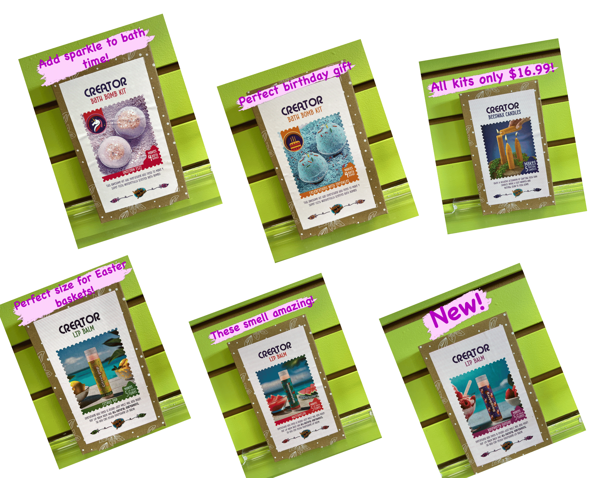 Check out these items from our latest Heebie Jeebies shipment! All of these Creator Kits are the perfect size for Easter baskets or Birthday parties.  They all smell amazing, the Raspberry Sundae and Watermelon lip balm have the most nostalgic scent.  Grab a kit for your favorite kiddo today!