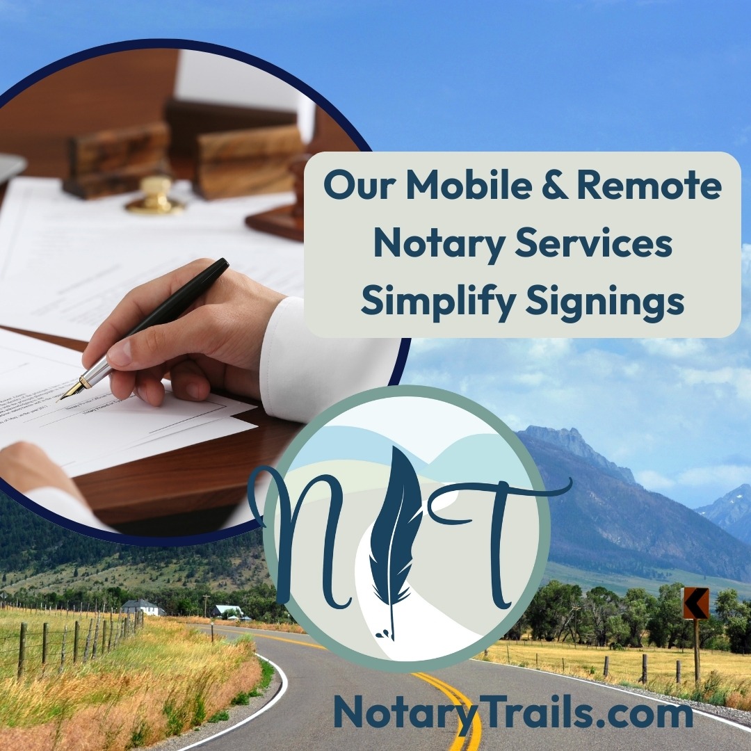Photo showing a country road with another photo of a person signing a document with the words, "our mobile and remote notary services simplify signings".