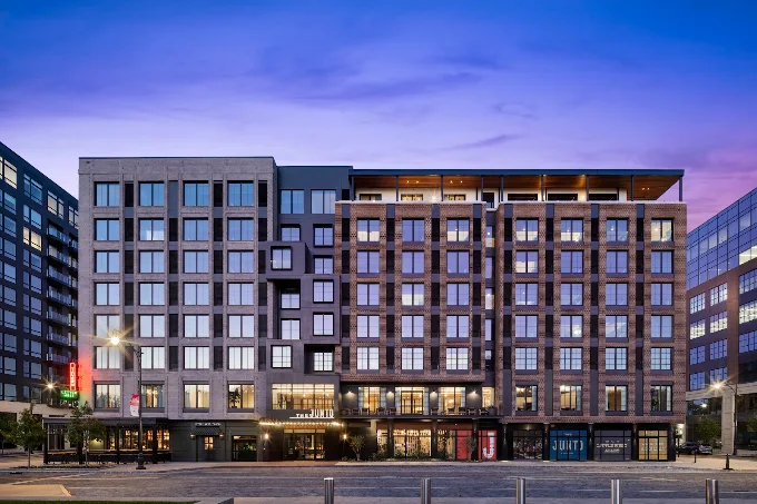 The Junto at dusk, at 77 Belle Street in the Franklinton neighborhood of downtown Columbus. 