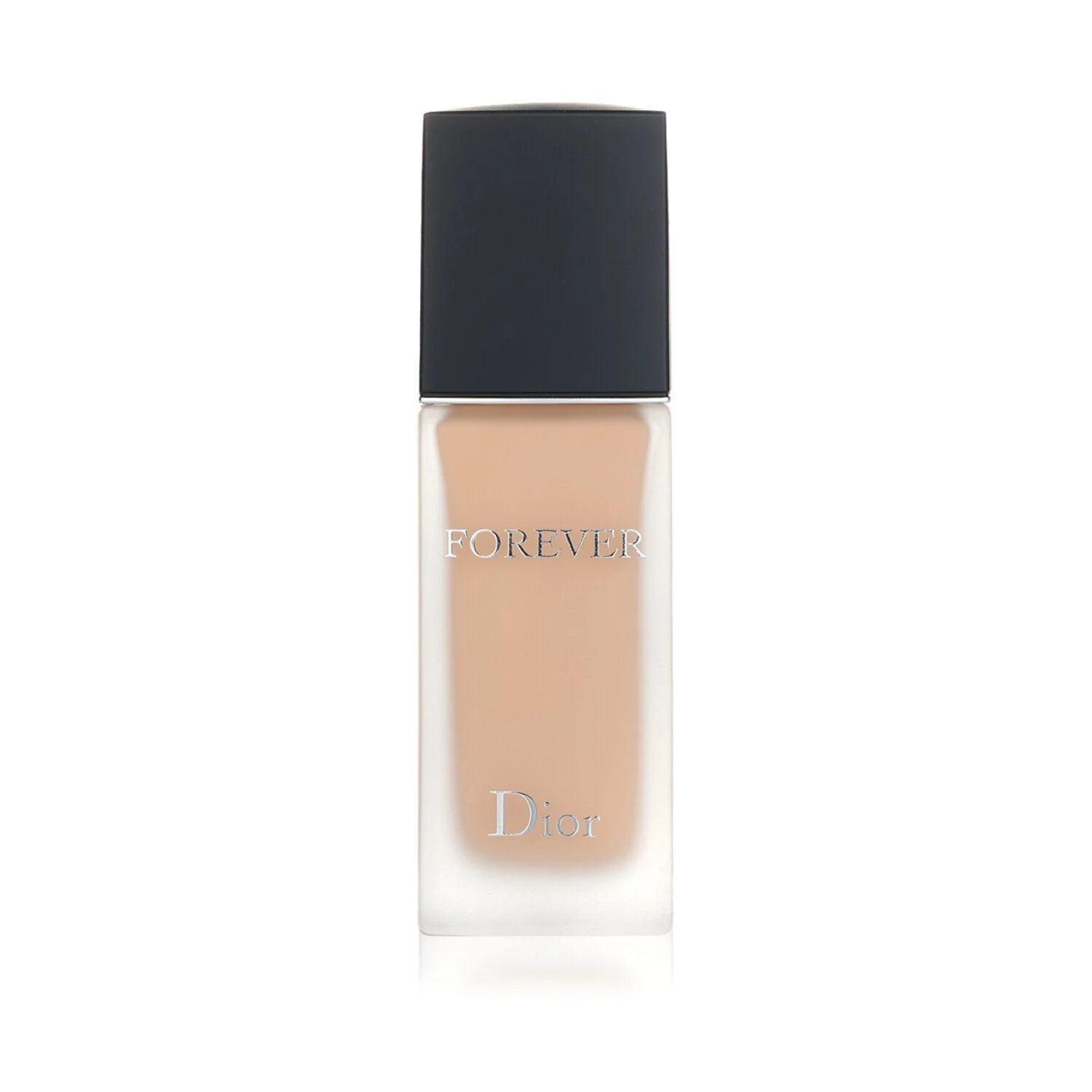 A studio shot of a Dior foundation bottle with a black cap and frosted glass, filled with a light beige liquid. The brand name 'Dior' and the product name 'Forever' are subtly etched in silver on the bottle.